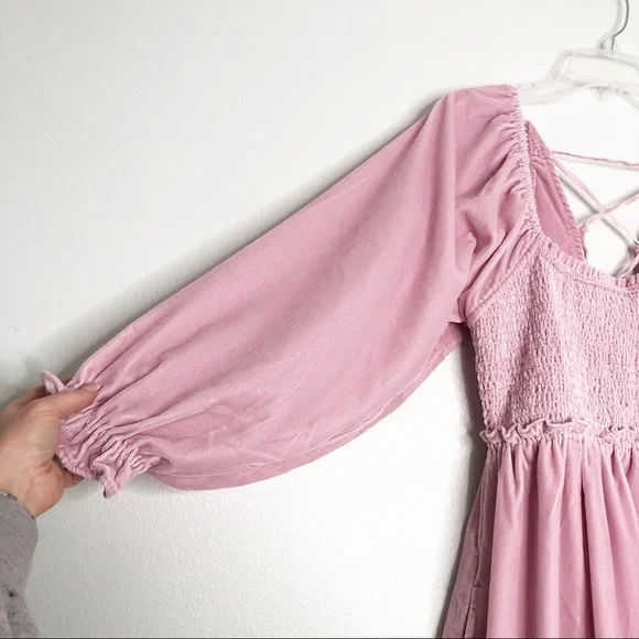 Free People Daphne Velvet Sleeve mini Dress Balloon ruffle sleeves blush pink - Picture 4 of 13
